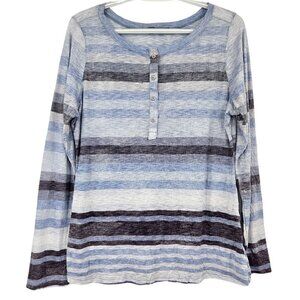 David Cline Stripe Long Sleeve Henley Tee Blue Women's L Lightweight Lounge Wear